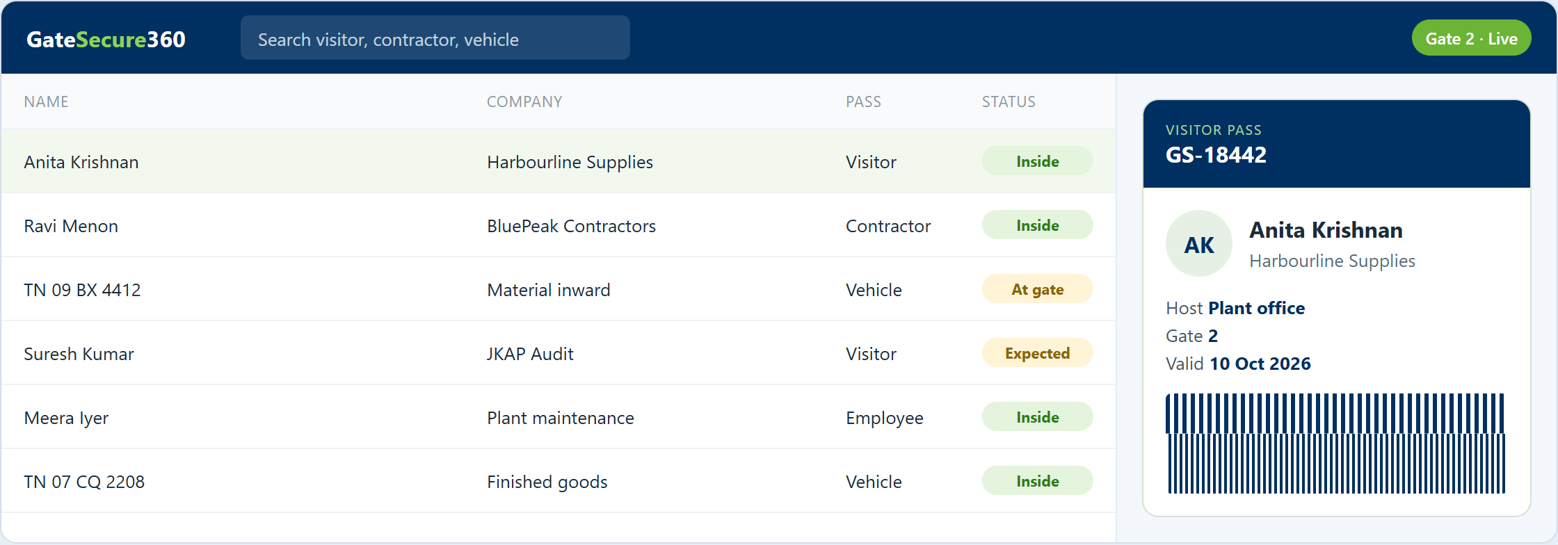 GateSecure360 visitor pass screen