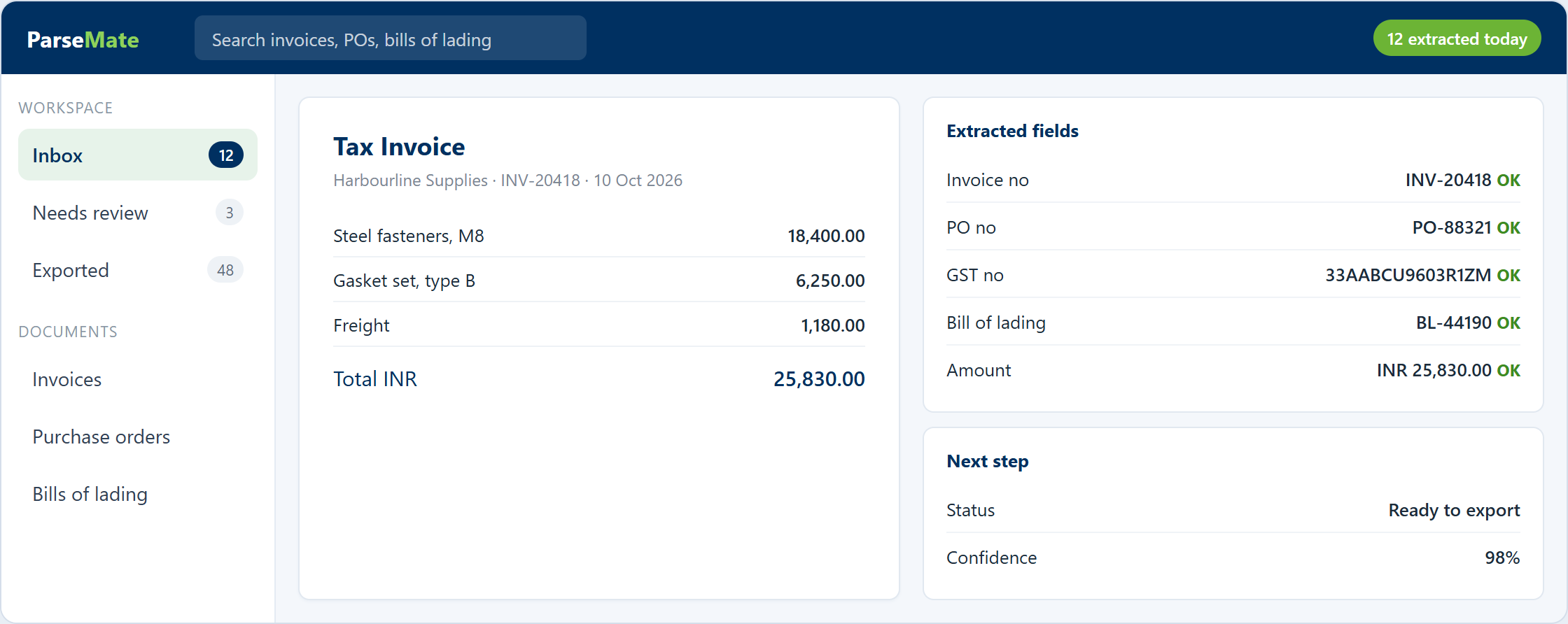 ParseMate invoice extraction screen